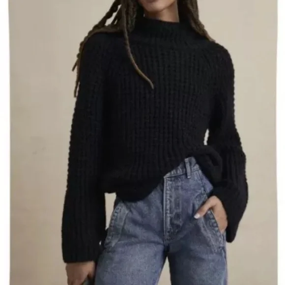 Anthropologie Maeve Dionne Cozy Black Knit Sweater XS NEW NWT Bell Sleeve RARE